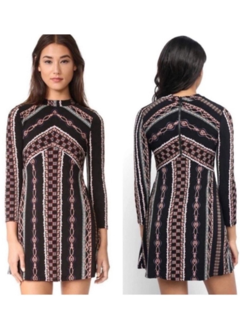 Free People Black and Pink Geometric Long Sleeve Mini Dress